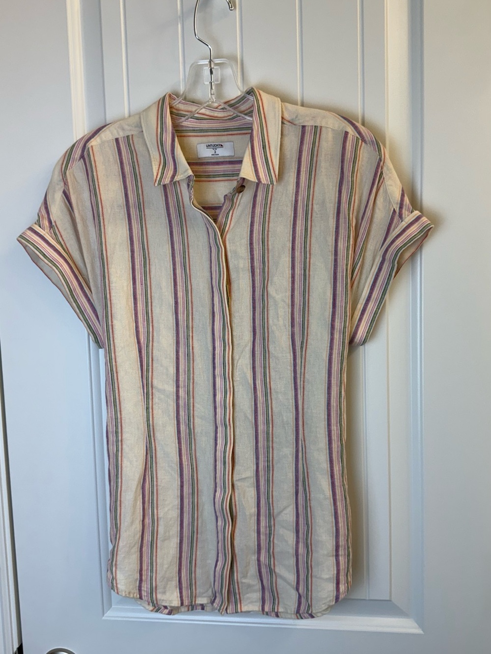 UNTUCKit Cream Short-Sleeve Button-Down with Purple & Pink Stripes